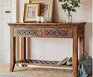 Rs Furniture Sheesham Wood Console Table Living Room Tables Entryway 2 Drawers Open Shelf Storage