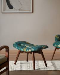 Chumbak Mid Century Modern Ferns Printed Green Wood Foot Rest Ottoman