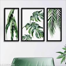 Greeny Flower And Leaf Uv Textured Black Frame Wall Painting For Home Decoration 13Point5 Inch X 22Point5 Inch Set Of 3