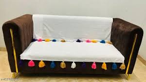 Off White Cotton Sofa With Pink And Blue Tassels For 3 Seater