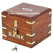 Brown And Gold Handmade Wooden Coin Bank Money Saving Box