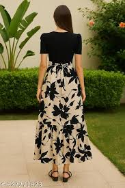 Trendy Black Beige Floral Maxi Dress For Women Stylish Western Wear With Puff Sleeves Belted Waist Size M