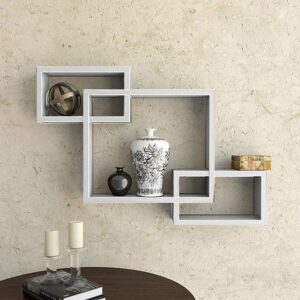 Wall Mounted Rectangle Shape Wooden Wall Shelves For Wall Decor Set Of 3 White Colour