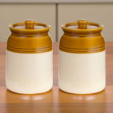 Cream And Brown Color Ceramic 2Kg Jar Set Of 2