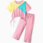 Crayonflakes Cotton Knit Half Sleeves Cut And Sew Top With Flared Pant Set Pink Size 4 To 5 Yr