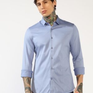 Gas Long Sleeve Slim Fit Curved Hem Shirt Size L Blue Color