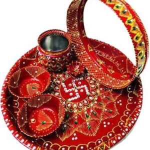 Stainless Steel Karwa Chauth Decorative Pooja Thali Set Color Red