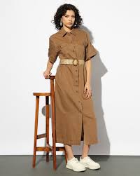Proearth Midi Shirt Dress With Belt Colour Brown Size L