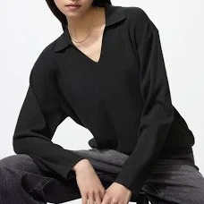 Uniqlo Women Washable Knit Ribbed Polo Sweater 09 Black Size L