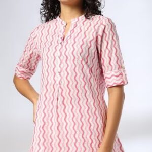 Liva Fusion Women Chevron Print A Line Kurti Pink And White Size L