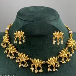 Women S Designer Necklace Set With Earring S Lotus Motif Gold Unique Traditional Jewellery Set