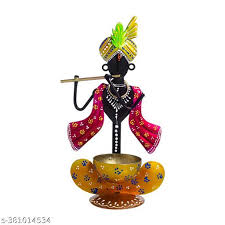 Decorative Metal Krishna Figurine With Flute Tea Light Stand Red Black