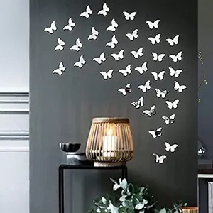 Butterfly Silver 3D Acrylic Mirror Glass Stickers For Wall 50Pcs
