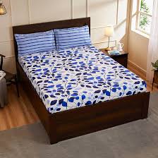 Solimo Leafy Spring 144 Tc 100 Percent Cotton Double Bedsheet With 2 Pillow Covers Blue 144 Tc