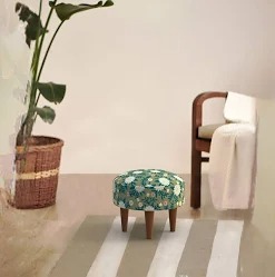 Chumbak Green And Brown Spring Marigold Printed Round Wooden Begum Foot Rest