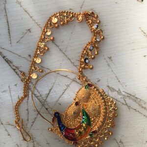 Medium Size Peacock Design Nath With Golden Colour Nathni 1Pc