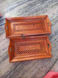 Hand Carved Wooden Serving Tray Set Of 2