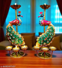 Elegant Rajasthani Peacock Tea Light Stand Home And Pooja Decor Set Multicolor