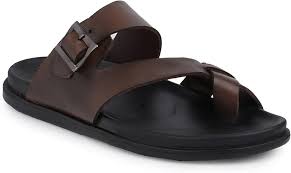 Virgos Brown Strap Black Slippers For Men Size 44