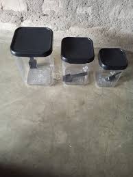 Air Tight Container Kitchen Storage Container Food With Spoon 350Ml 650Ml 900Ml Black Pack Of 3