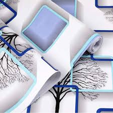 Self Adhesive White 3D Light Blue Grey Squares Waterproof Wallpaper Stickers 45 Cm X 10 M
