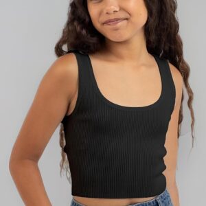 Casual Sleeveless Solid Cotton Rib Neck Crop Tank Top For Girls Black Size M