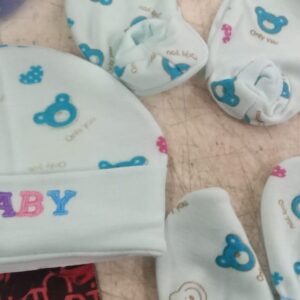 Sky Blue Printed Cap With Socks And Hand Socks For Infant Baby