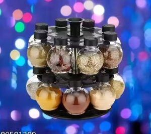 360 Degree Revolving Round Shape Transparent Spice Rack Black 16 Pcs