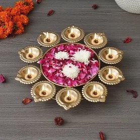 Golden Brass Metal Diya Plate With 10Pcs Diya