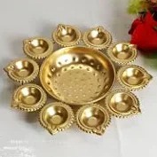 Golden Plated Brass Metal Diya Plate With 10 Pcs For Diyaa