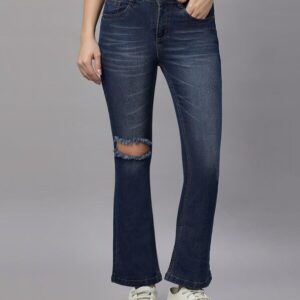 Fashion World Women Lightly Washed Knee Slit Bootcut Jeans Blue Size 28