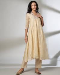 Avaasa Mix N Match Women A Line Kurta With Embroidered Neckline Beige Colour Size L