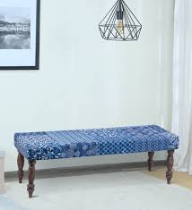 Nashville Solid Wood 2 Seater Divan Bench Wooden Indigo Patch Kantha Upholestered Couch Furniture For Home Living Room Dining Table Blue Color