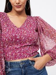 Kibo Casual Bishop Sleeve Floral Print Women Pink Top Size L