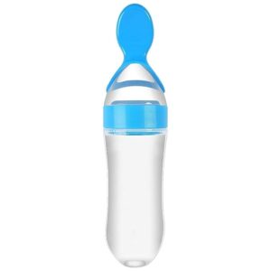 Baby Bottle With Silicone Spoon Feeding Aid For Baby Formula And Food Blue Colour