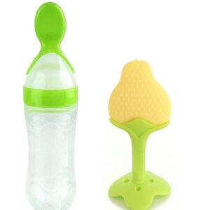 Baby Squeeze Food Grade Silicone Bpafree Spoon Bottle Feeder For Baby Feeding 90Ml And Baby Silicone Teether Greenyellow Colour