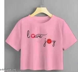 Baby Pink Cotton Love And Joy Printed Crop Top For Women Size S