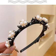 Black Headband With Faux Pearls And Goldtoned Beads
