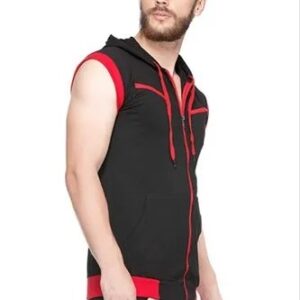 Mens Sleeveless Hooded T Shirt Black With Red Size M