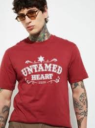 Men Typography Printed Round Neck Cotton T Shirt Red Size L
