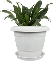 Plastic Round White Flower Pot With Tray Set Of 4