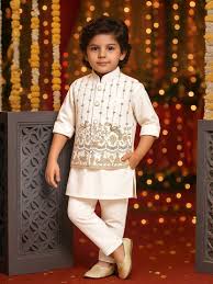 Kidbea Boys Ethnic Kurta Pajama Set Nehru Jacket White Colour Size 7 To 8 Y