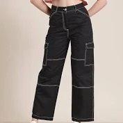 Stylish Black Colour Pockets Cargo Style Pant For Girls Size 32 White Line