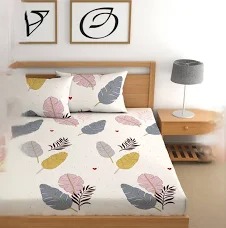 Cream Colour Banana Leaves Printed Double Bedsheet With 2 Pillow Cover
