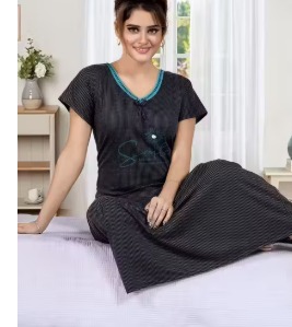 Grey Color Printed Women Long Nighty Size L
