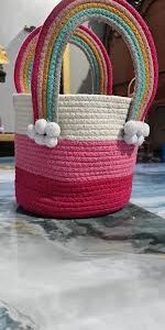 White And Pink Cotton Basket For Storage