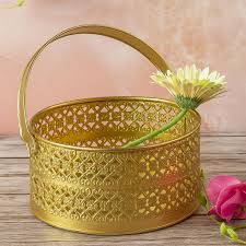 Crafts Metal Round Flower Basket With Handle Best For Puja Dining Table And Home Decoration Fruit Basket Gold