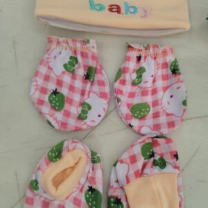 Peach Printed Newborn Baby Cotton Cap Mitten And Booties Combo Set