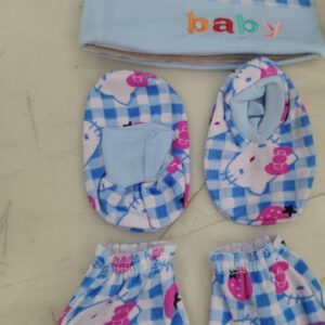 Blue Printed Newborn Baby Cotton Cap Mitten And Booties Combo Set