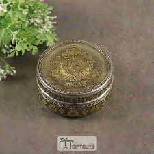 Metal Golden Oxidised Ganesha Designed Steel Box 4 Inch